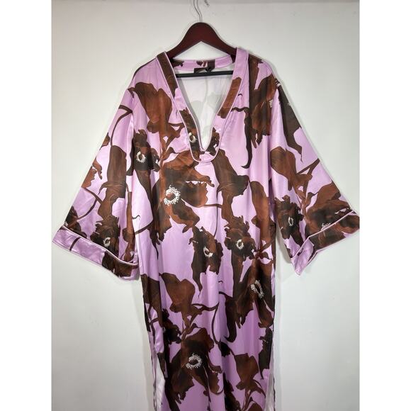 Nova Luxe Maximalist Satin Floral Caftan Maxi Dress 1X Deep V Resortwear Vacay - Picture 7 of 11